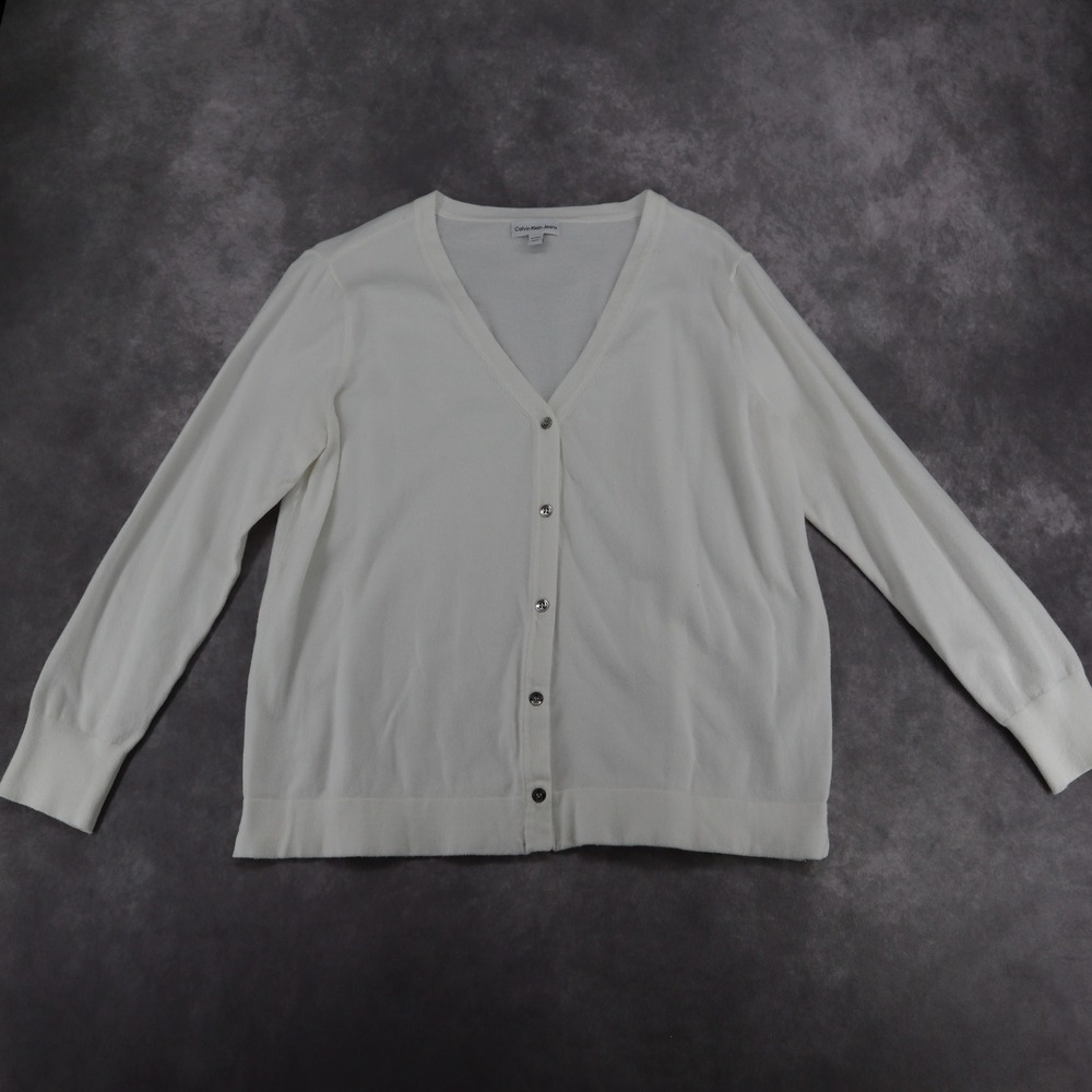 Calvin Klein Jeans Cardigan Sweater White Button Front Women XL Soft Knit Preppy